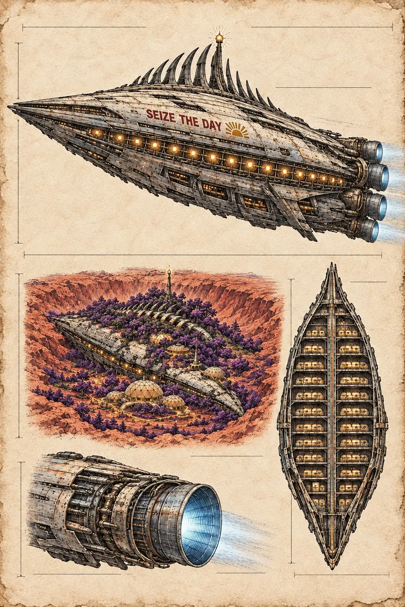 Survey study of the Carpe Diem, a sleek armored starship with SEIZE THE DAY painted along its hull, with cutaway and engine details.