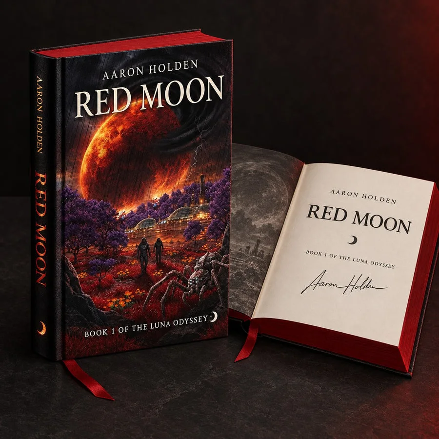 Red Moon Signed Deluxe Hardcover with blood-red page edges, foil-stamped spine, ribbon bookmark and signed title page